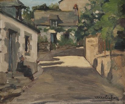 null René OLICHON (1912-1969). Village en Bretagne. Huile sur carton, signée en bas...