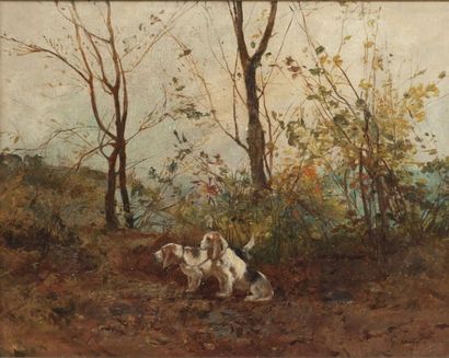 null George FAUVEL. (né au Havre en 1890). Deux bassets en forêt en automne. Huile...