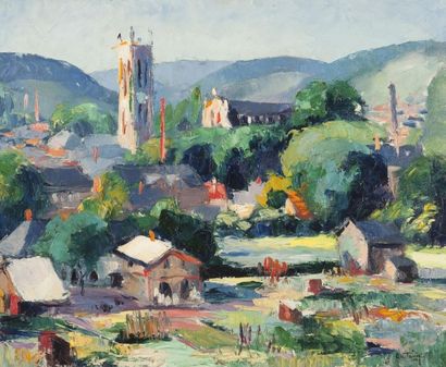 null Pierre Le TRIVIDIC (1898-1960). Abbaye et clocher en Normandie. Huile sur toile,...