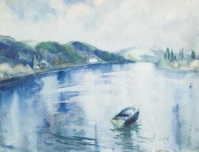 null Pierre Le TRIVIDIC (1898-1960). Canot sur la Seine. Aquarelle, signée en bas...
