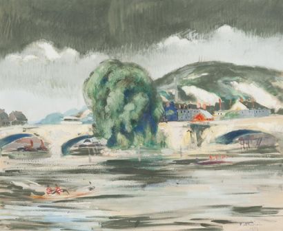 null Pierre Le TRIVIDIC (1898-1960). Le pont Corneille, Rouen. Aquarelle et gouache,...