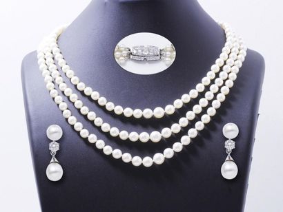 null Important collier composé de 3 chutes de perles de culture d'environ 5.2 à 8.7...