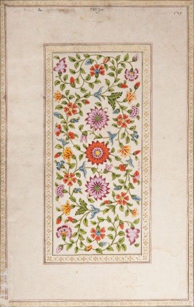 ISLAM  Page d'album, peinture indienne, décor floral, signée Ali bin Abou Taleb