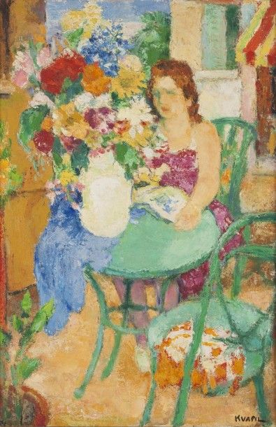 null Charles KVAPIL (1884-1957). Jeune femme au jardin. Huile sur toile, signée en...
