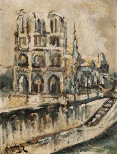 null Emile Bert HARTWIG (1907-1996). Notre-Dame de Paris. Huile sur carton, signée...