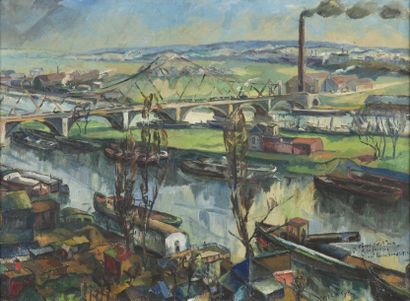 null Georges CYR (1880-1964). Vue du Pont ferroviaire d’Eauplet, Rouen. Huile sur...