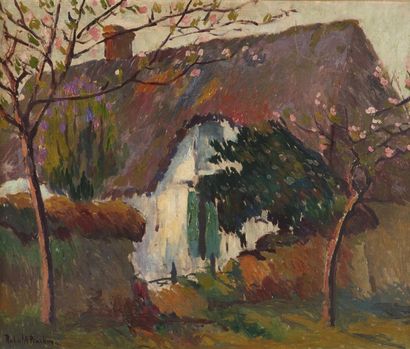 null Robert Antoine PINCHON (1886-1943). Chaumière en Normandie au printemps. Huile...
