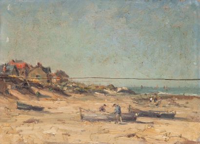 null Jules de RIBEAUCOURT. (1866-1932). Pêcheurs à Sion Croix-de-Vie, Vendée. Huile...
