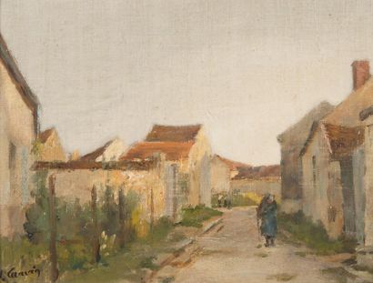 null Edouard CAUVIN (1817-1900). Fagotière au village. Huile sur panneau, signée...