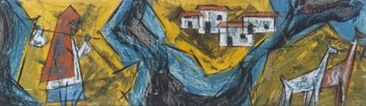 SHRINIVAS SHRINIVAS Paysage animé Huile sur isorel, signée en haut à droite 34 x...