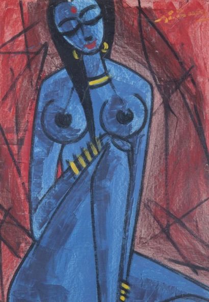 SHRINIVAS SHRINIVAS Femme nue en bleu Huile sur isorel, signée en haut à droite 69...