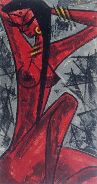 SHRINIVAS SHRINIVAS Jeune femme nue en rouge Huile sur isorel, signée en haut à droite...