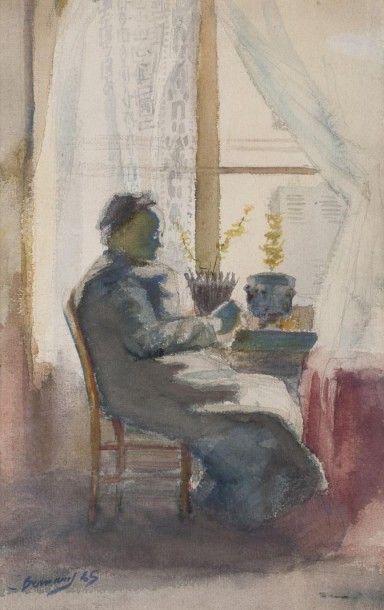 Émile BERNARD Emile BERNARD (1858 - 1941) Vieille femme lisant Aquarelle et crayon... Gazette Drouot