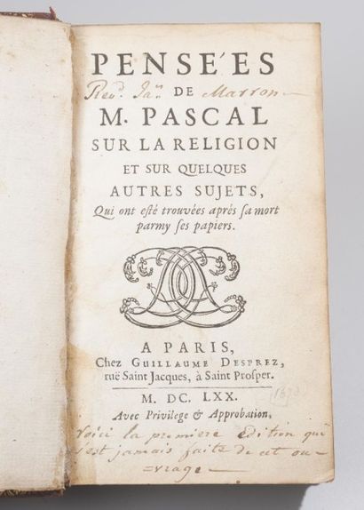 null PASCAL. Pensées. Paris, Desprez, 1670. In-12, maroquin rouge, triple filet,...