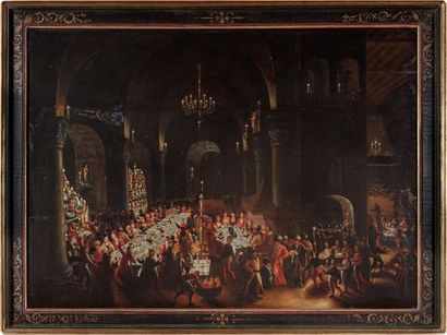 null Ecole FLAMANDE vers 1620, entourage de Louis de CAULLERY - Le banquet de Balthasar...