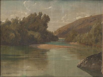 null Paul FLANDRIN (Lyon 1811 - Paris 1902) - Paysage à la rivière. Papier marouflé...