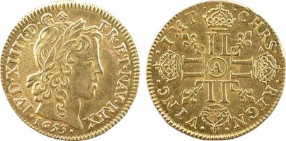 null Louis XIV, louis d'or à la mèche longue, 1653 Paris - A/LVD. XIIII. D. G. (différent)...