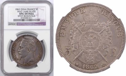 null Second Empire, essai de 5 francs tête laurée, NGC UNC Details, 1862 Paris -...