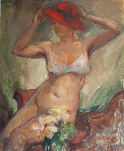 null Lucienne de MEIFFREN (1895-1995) 

Nu au chapeau

Huile sur toile, signée en...