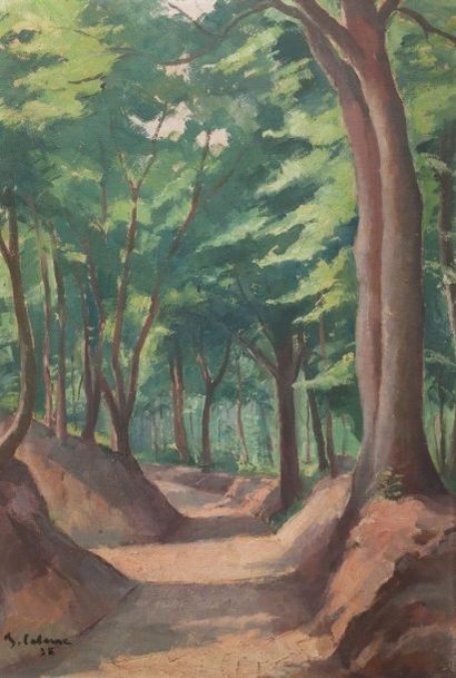 null B. LALANE? 1935 : Allée forestière. Peinture sur panneau. Signé en bas à ga...