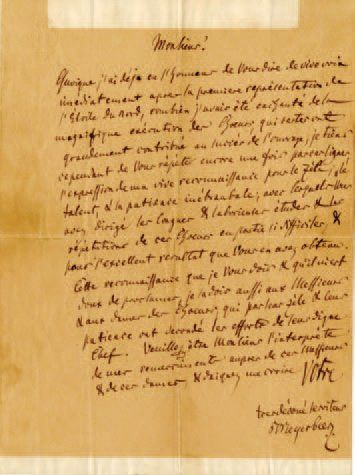 MEYERBEER Giacomo [Berlin, 1791 - Paris, 1864], compositeur allemand Lettre autographe...