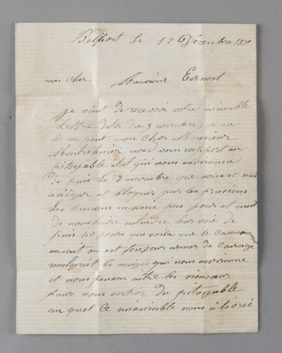 null France - Lettre du Siège de Belfort avec texte daté du 12 décembre 1870. Griffe...