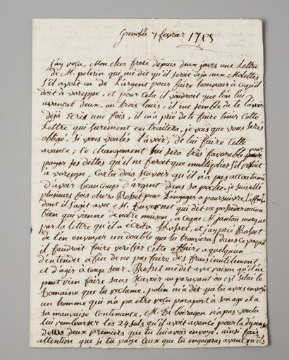 null LOUVIER, Abbé de Lettre de l’abbé de Louvier à son frère, Grenoble, 7 février...