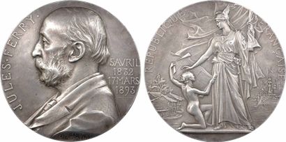 null Colonies françaises, Jules Ferry, fonte en bronze-argenté par Chaplain, 1893...