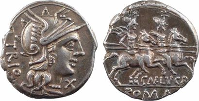null Lucretia, denier, Rome, 136 av. J.-C.

A/TRIO

Tête casquée de Roma à droite...