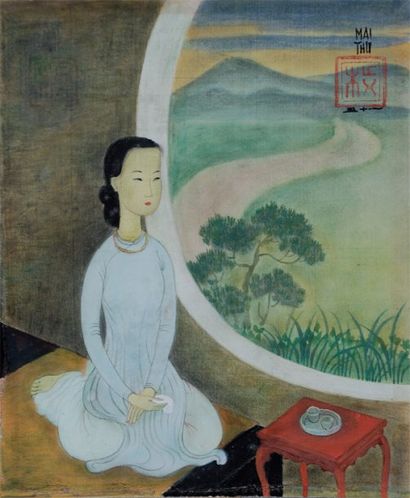 MAI TRUNG THU (1906-1980) Jeune femme pensive Gouache sur soie. signé en haut à droite....