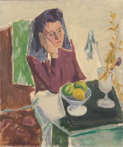 Jules CAVAILLES (1901-1977) Rêveuse, 1936 toile. 81,5 x 60 cm provenance : Héritiers...