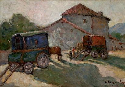 Marius CHAMBON (1876-1962) Les roulottes, circa 1930 toile. signé en bas à droite....