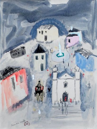 Francis SMITH (1881-1961) Calèche traversant le village, 1954 Gouache, aquarelle,...