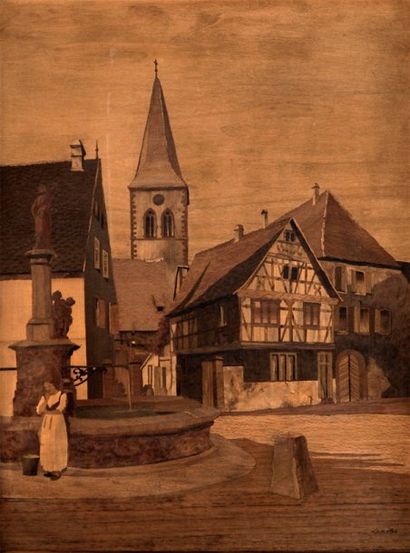 SPINDLER Charles (1865-1938) Strasbourg Panneau décoratif à fond de marqueterie....