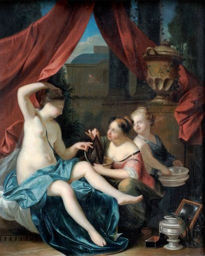 Philip Van DYCK (Amsterdam 1683-La Haye 1753) Bethsabée à sa toilette Panneau de...