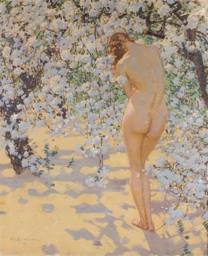 École FRANÇAISE du début du XXe siècle Femme nue sous un cerisier en fleurs sur sa...