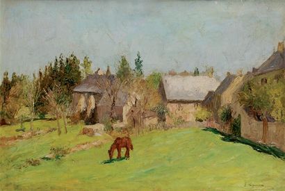 Edmond TAPISSIER (1861-1943) La ferme, circa 1920 toile. signé en bas à droite. (manques...