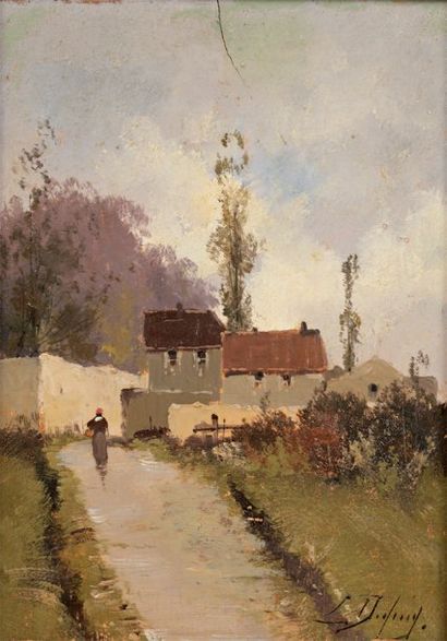 Louis DUPUY (Eugène GALIEN LALOUE, 1854-1941) Paysanne en chemin Panneau. signé en...