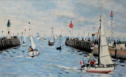 Jean-Jacques RENÉ (Né en 1943) Retour de pêche au port de Deauville, 1843 toile....