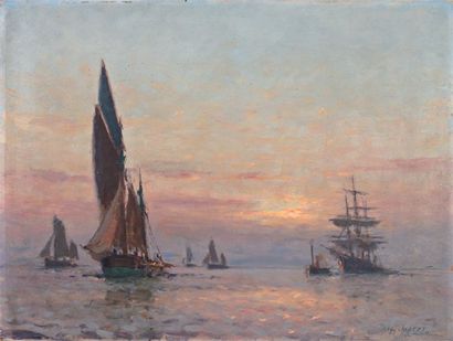 Paul JOBERT (1863-1942) Rentrée de barque de pêche au soleil couchant Peinture sur...