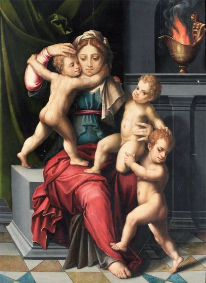 Attribué à Vincent SELLAER (Vers 1538-?) La Charité Panneau renforcé. (Manque et...