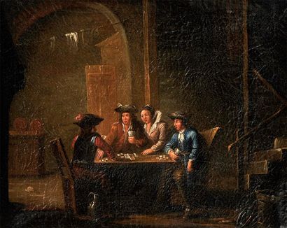 École FLAMANDE de la fin du XVIIIe siècle Joueurs de cartes dans une auberge Sur...