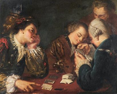 École NAPOLITAINE du XVIIIe siècle Les joueurs de carte Toile. 37 x 46 cm