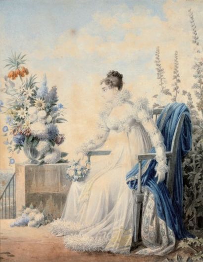 Auguste GARNERAY (Paris 1785-1824) Portrait de Joséphine assise sur une terrasse...