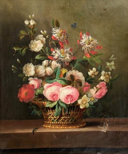 École FRANÇAISE du XIXe siècle Corbeille de fleurs Sur sa toile d'origine. (Accidents)....
