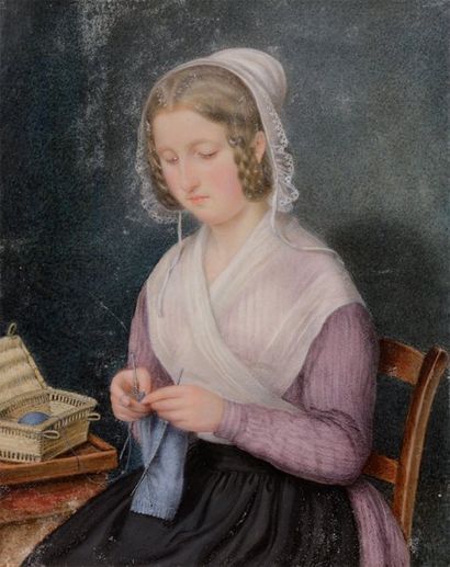 null Grande miniature sur ivoire figurant une femme tricotant. XIXe siècle. 18,7...
