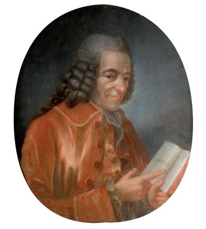 Jean HUBER (Chambéry 1721-Lausanne 1786) Portrait de Voltaire lisant Sophocle. Pastel.63...
