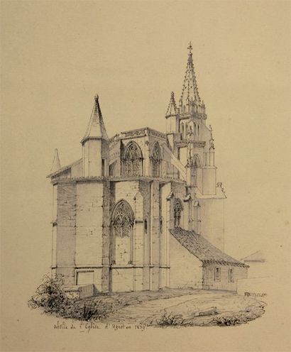 Abside de l'église d'Uzès en 1839 Mine de plomb.26 x 22,5 cm Signé en bas à droite...