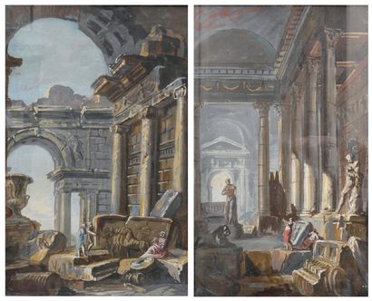 Attribué à Giovanni Niccolo SERVANDONI (1695-1766) Personnages dans des ruines antiques....