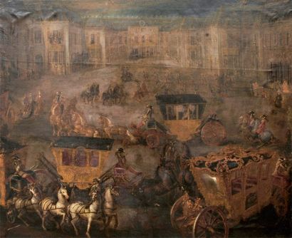 École ESPAGNOLE vers 1720 L'arrivée des carrosses à Versailles. Toile.127 x 157,5...
